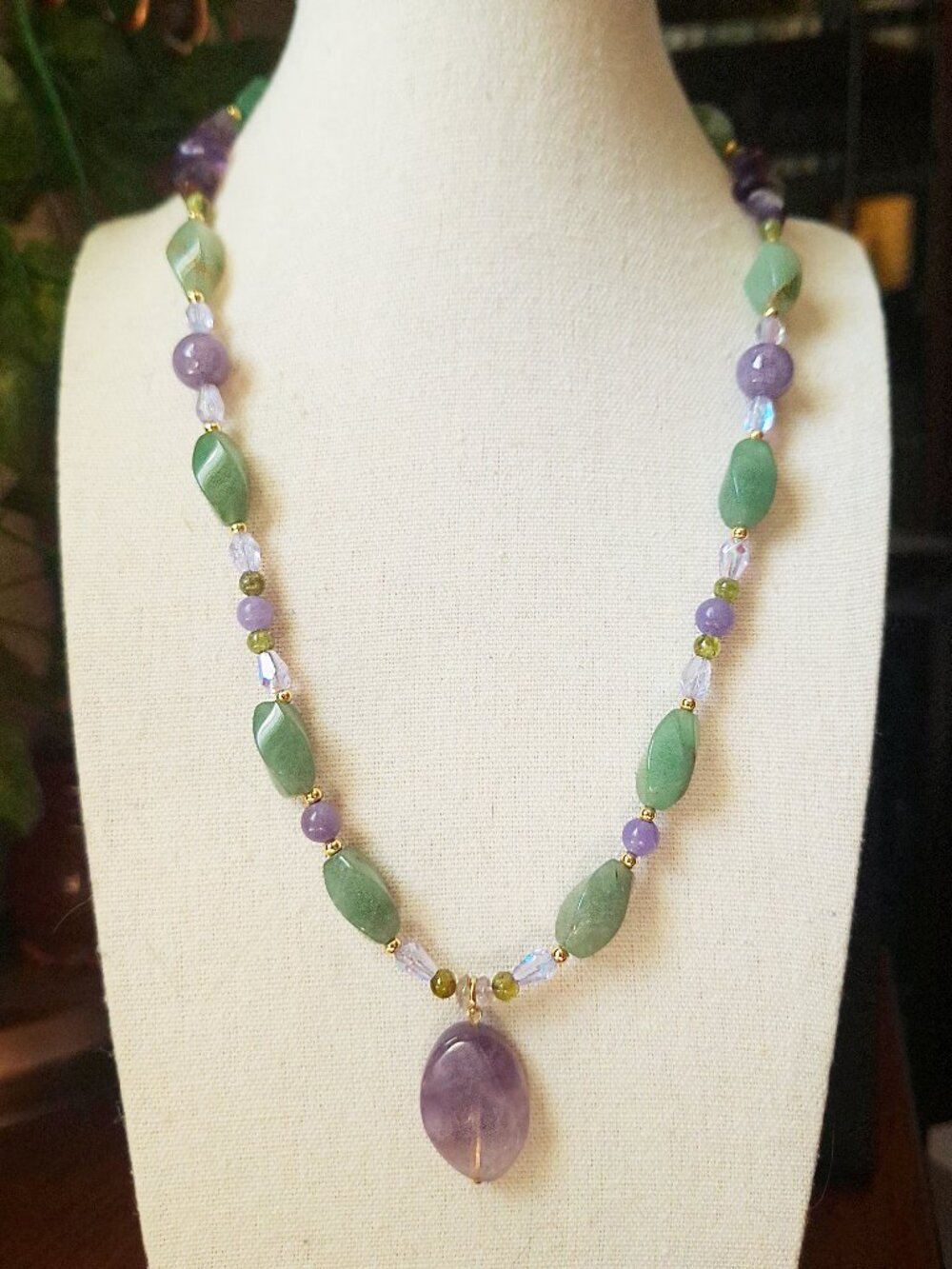 Long Fairycore Amethyst Stone Necklace, Cottagecore Beaded Pendant Necklace